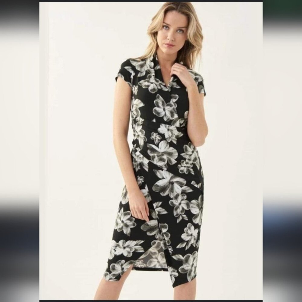 Joseph Ribkoff Black Floral Cap-Sleeve Sheath Dress